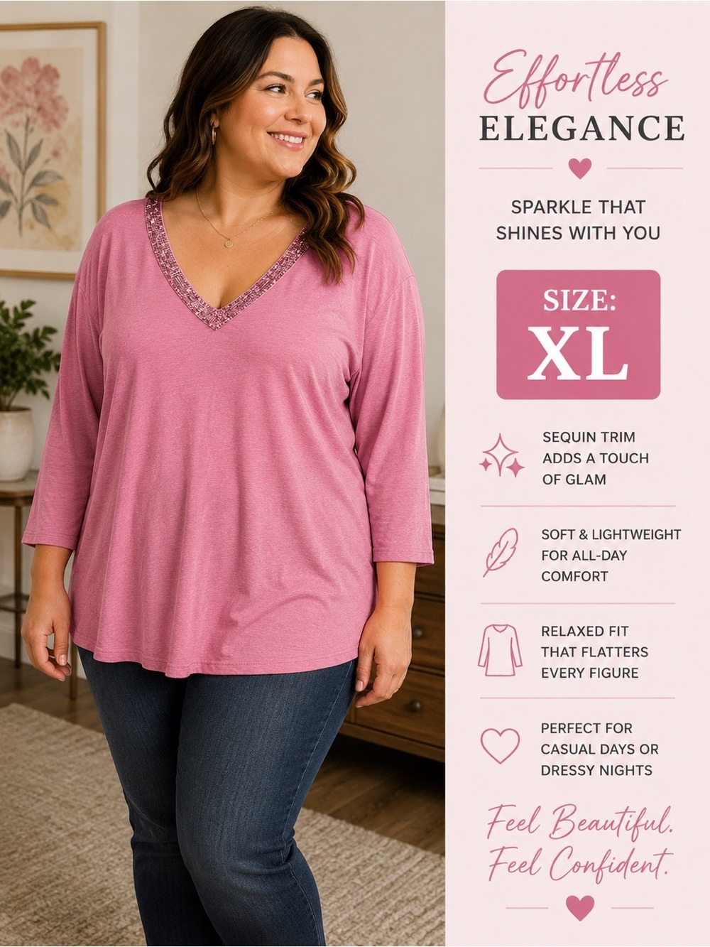 George Rose Pink/ purple V-Neck Sequin Trim Long-Sleeve Top XL